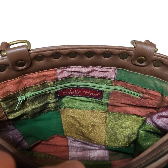 Isabelle Fiore Beaded Woven Shoulder Bag Brown Flower Rivets Pink Yellow - Picture 8 of 10